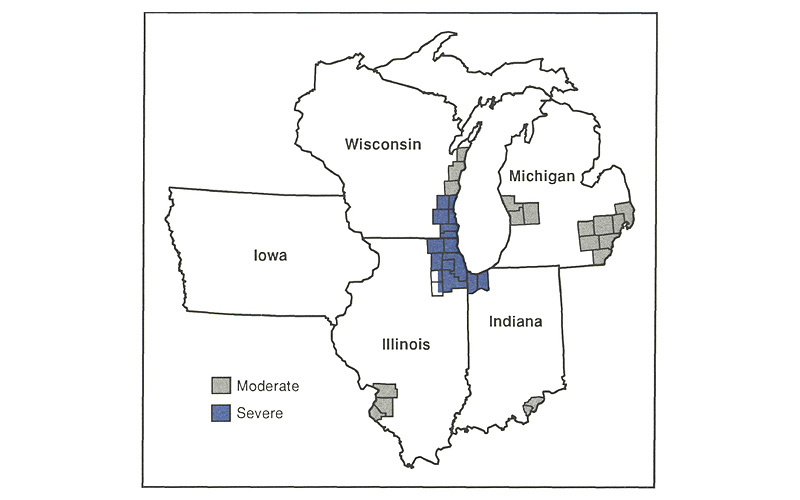 Figure 1 is a map of the Seventh District showing areas classified as having “moderate” and “severe” ozone emissions. Much of the area along the southwestern shore of Lake Michigan, including Chicago, is classified as severe. Moderate areas appear in Michigan, southern Indiana, southwestern Illinois, and northeastern Wisconsin