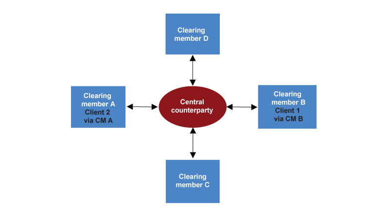 Figure 1 is an illustrative view of the clearing ecosystem of the central counterparty, clearing members, and the clients of clearing members.