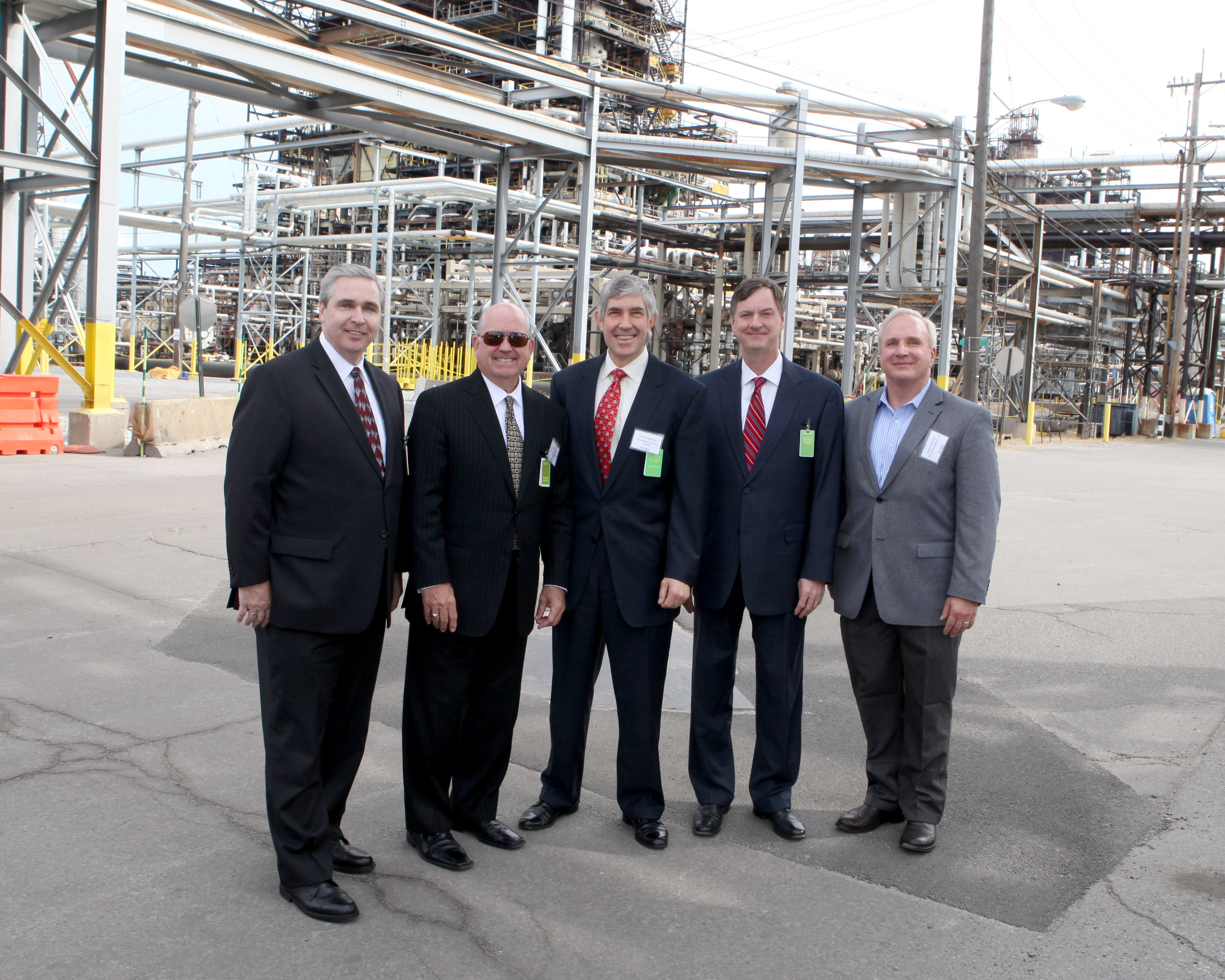 Charles Evans, President of the Federal Reserve Bank of Chicago (second from right) is joined at the BP Oil Refinery in Whiting, Indiana by (left to right) Jeremiah Boyle, Managing Director of Economic Development, Federal Reserve Bank of Chicago; Dave Ryan, Executive Director of the Lakeshore Chamber of Commerce; Daniel Sullivan, Executive Vice President and Director of Research, Federal Reserve Bank of Chicago; and James Shoriak, Project Director for BP’s Modernization Project at the Whiting Refinery.