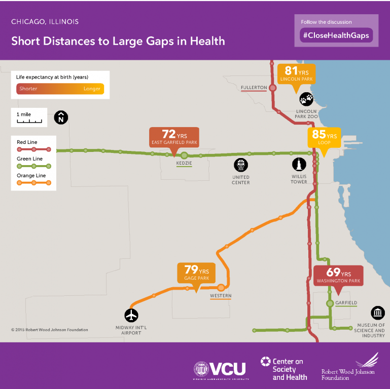 Map showing life expectancies (at birth) of various Chicago neighborhoods