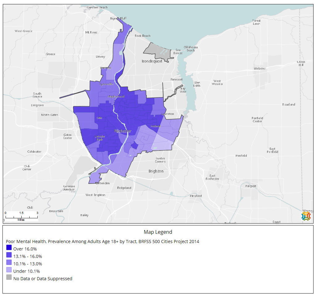 Rochester, NY: Poor mental health among adults, by tract