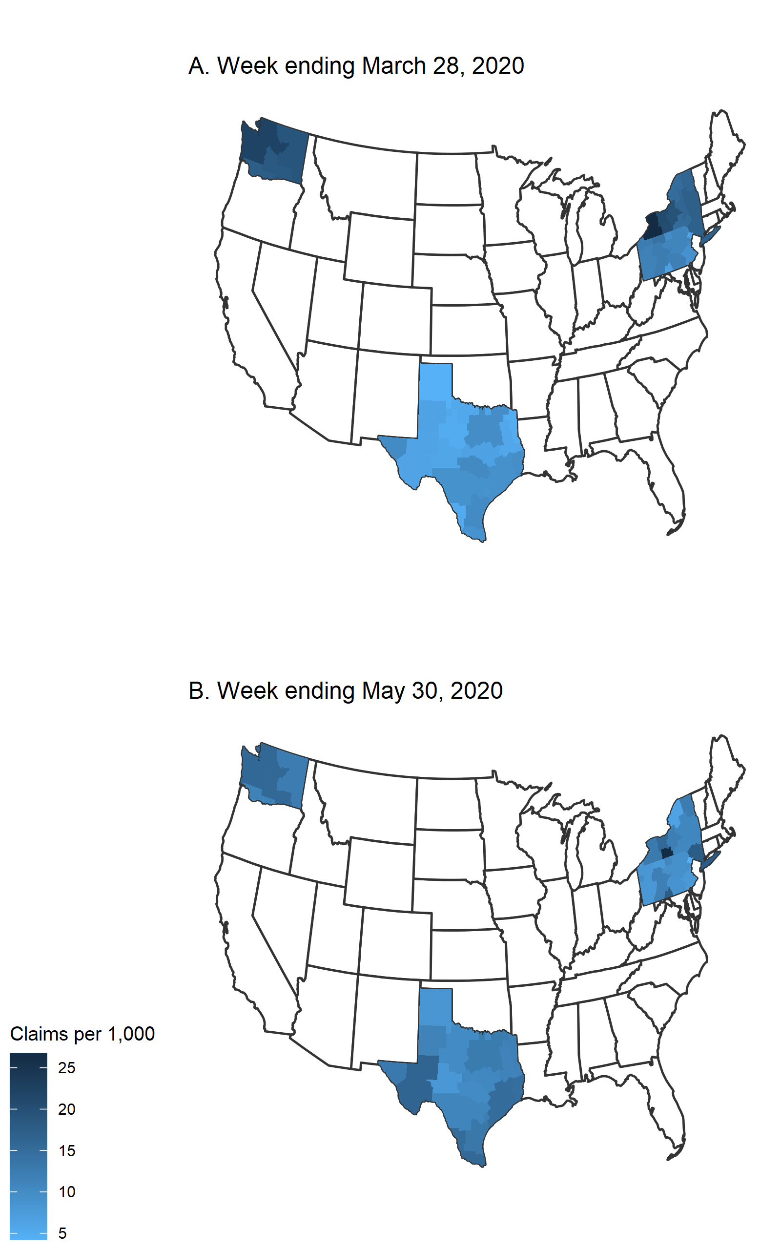 Figure 1 shows heat maps for the level of initial unemployment insurance claims per 1,000 residents for metro areas in the states of New York, Pennsylvania, Texas, and Washington for the weeks ending March 28 and May 30, 2020. There is a large degree of heterogeneity across metro areas, as well as a notable decline in the level of claims per 1,000 residents from the end of March through the end of May for those in New York, Pennsylvania, and Washington.