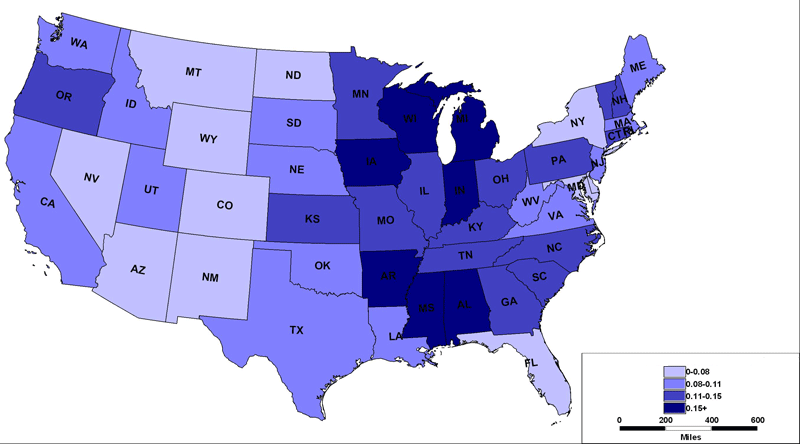 Manufacturing share of total employment, 2004