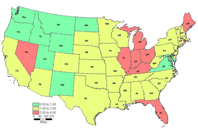 Mortgage foreclosure inventory rate 2007Q3 (number of foreclosures/number of mortgages)