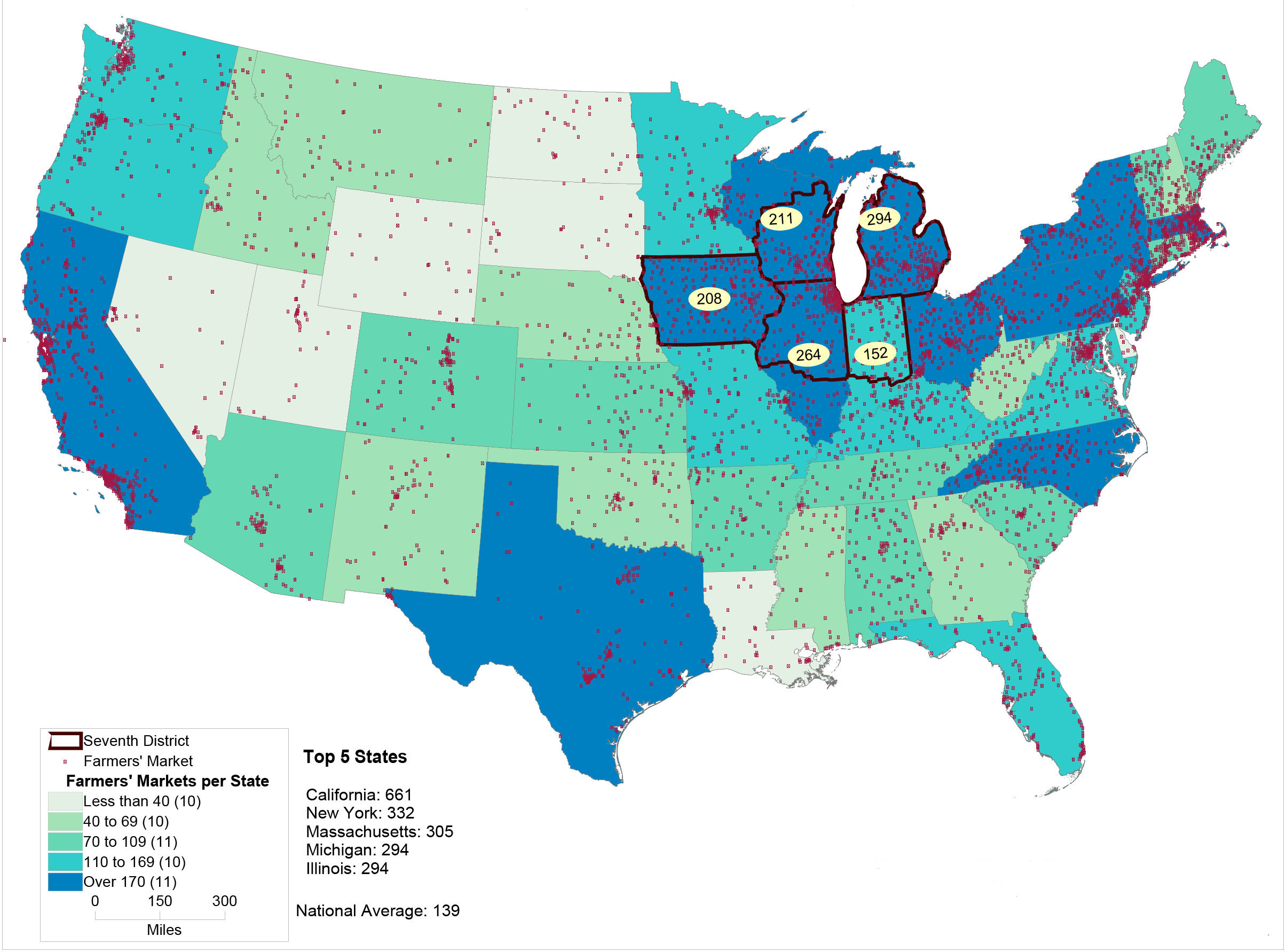 National Map of Farmers’ Market Locations and total markets per state as of July 2012