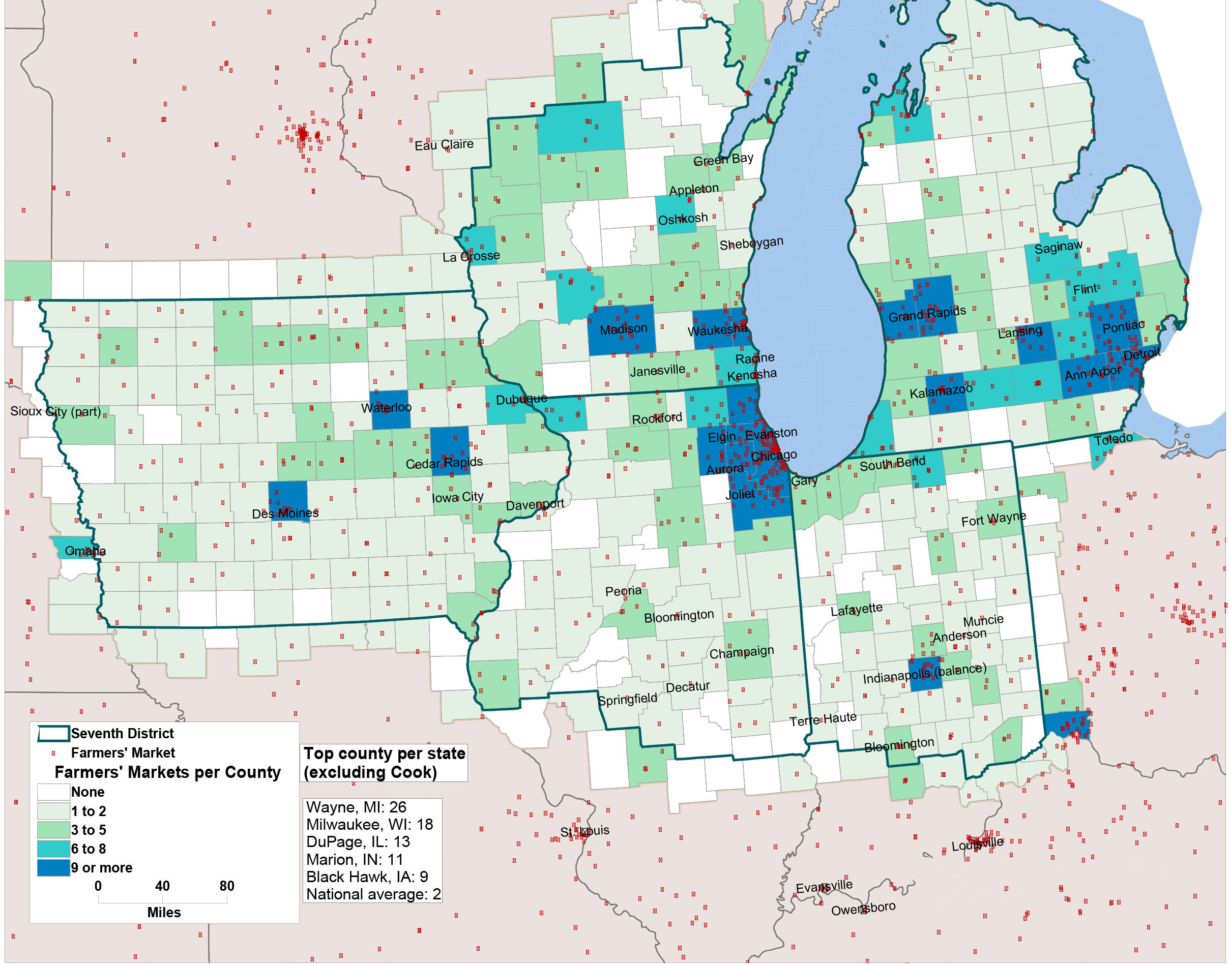 Seventh District Map of Farmers’ Market Locations and total markets per county as of July 2012