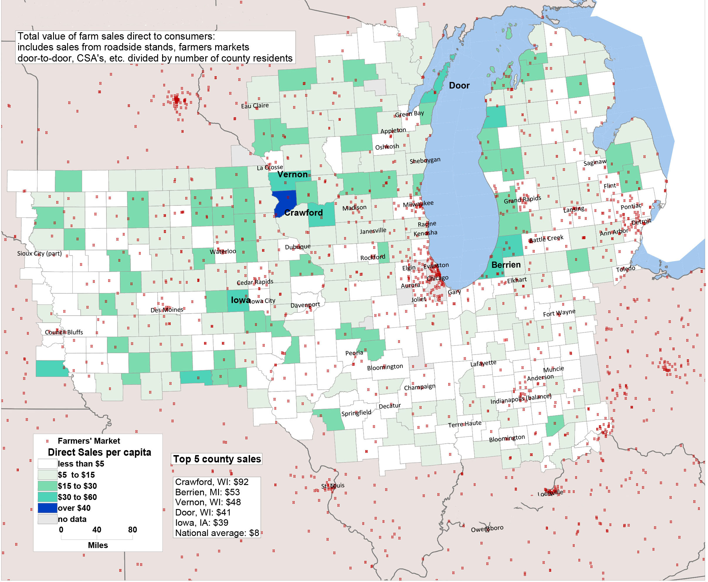 Seventh District Map of Direct Farm sales per capita by county