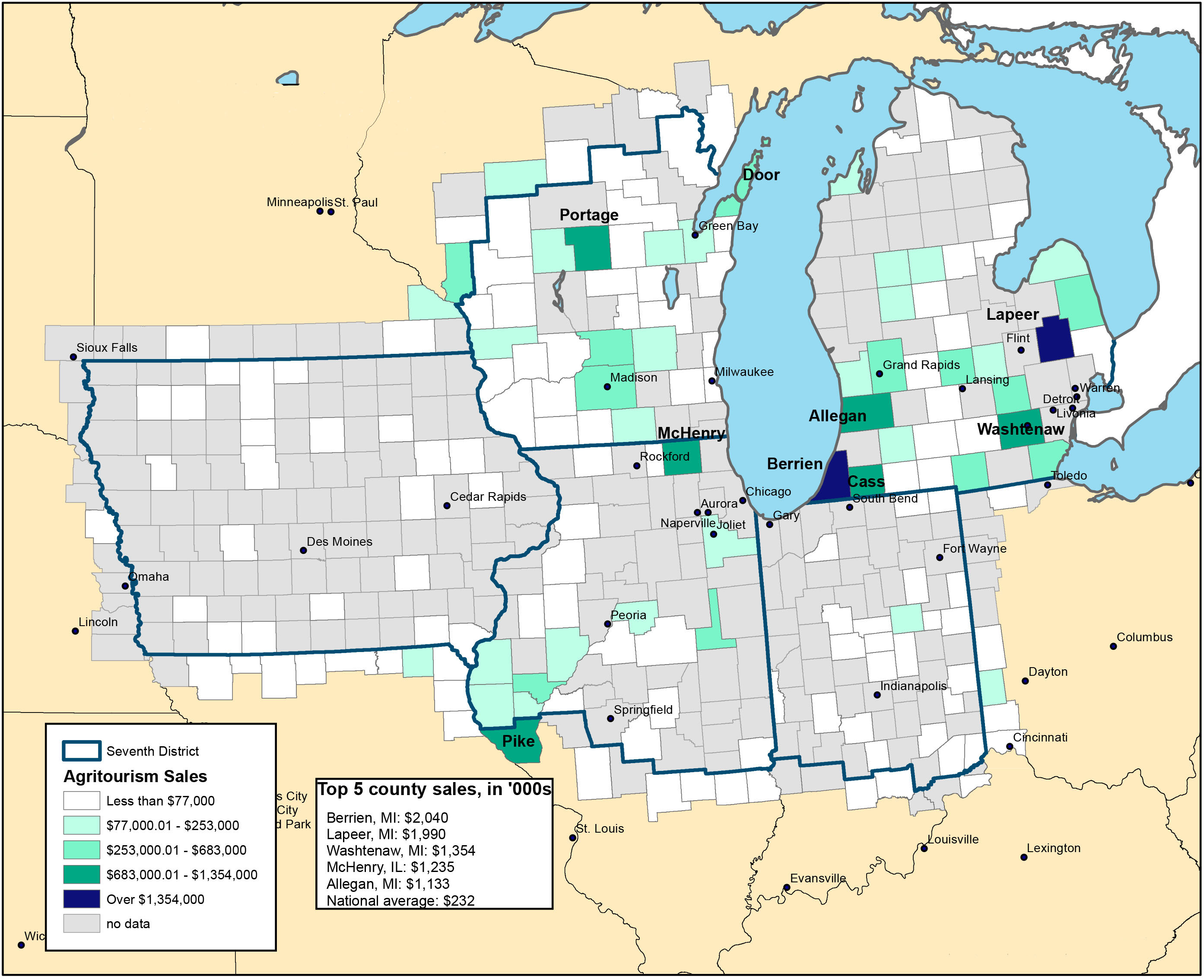 Seventh District Map of agritourism sales by county