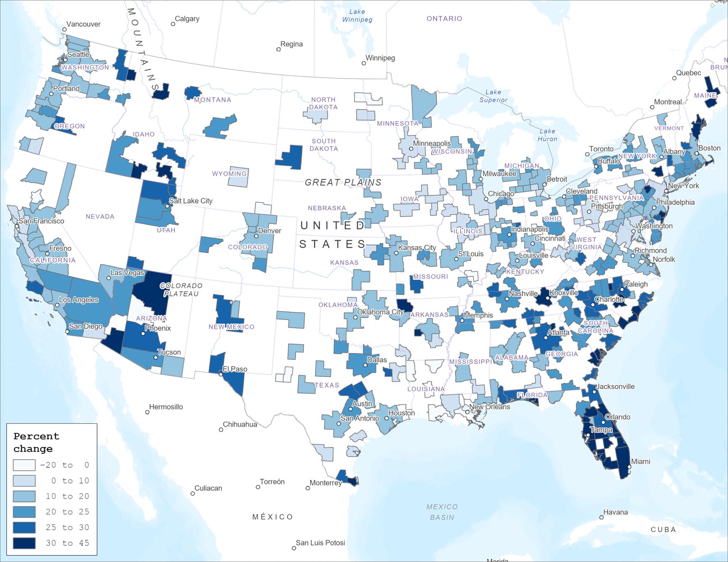 Figure 2 is a map of home price changes in the United States over the period January 2020 through August 2023. Home price changes are greater in the Southeast and Southwest than in other parts of the country. 