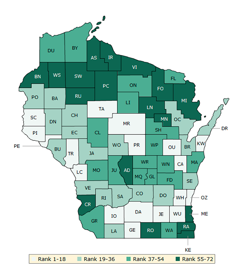 Map 1. Overall rankings in health outcomes (Wisconsin)