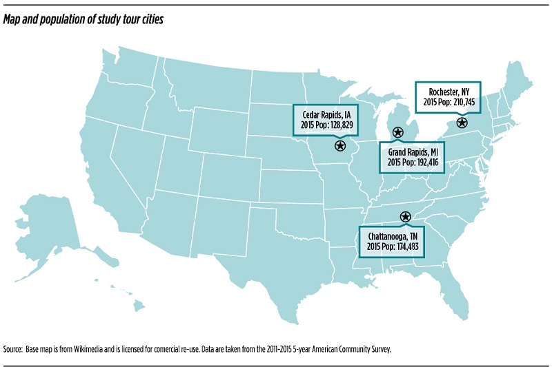 map and population of study tour cities