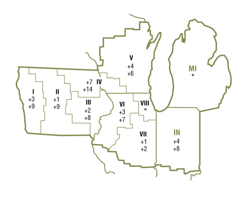 The map shows quarterly and year-over-year percent changes in farmland values for geographical areas within the Seventh Federal Reserve District. There were insufficient survey responses from certain areas, so changes in farmland values are unavailable for these geographical areas.