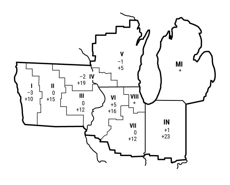 The map shows quarterly and year-over-year percent changes in farmland values for geographical areas within the Seventh Federal Reserve District. There were insufficient amounts of survey responses from certain geographical areas, so changes in farmland values are unavailable for these areas.