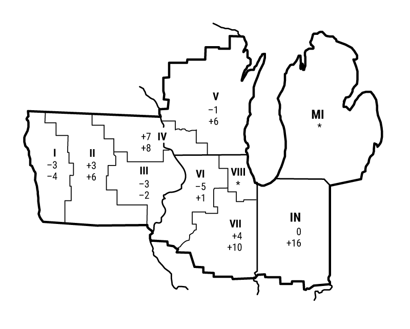 The map shows quarterly and year-over-year percent changes in farmland values for geographical areas within the Seventh Federal Reserve District. There were insufficient amounts of survey responses from certain geographical areas, so changes in farmland values are unavailable for these areas.