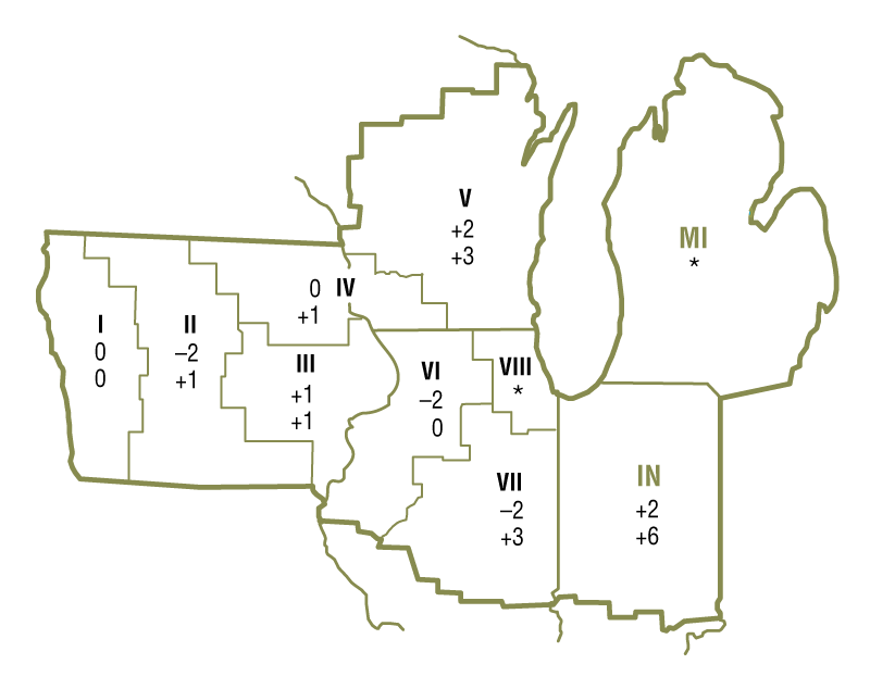 The map shows quarterly and year-over-year percent changes in farmland values for geographical areas within the Seventh Federal Reserve District. There were insufficient survey responses from certain areas, so changes in farmland values are unavailable for these geographical areas.