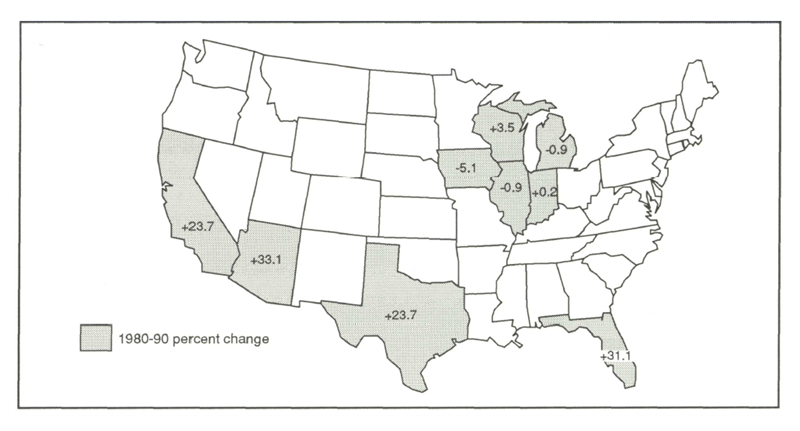 Figure 1 is a map of U.S. states showing the percent change in population from 1980-90. During this period, population fell in Illinois and Michigan by 0.9% and in Iowa by 5.1%. Population grew in Indiana by 0.2% and in Wisconsin by 3.5%. Outside the Seventh District, population grew in California and Texas by 23.7%, in Florida by 31.1%, and in Arizona by 33.1%.