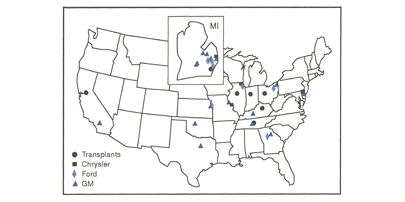 Figure 3 is a map of the U.S. showing the location of car assembly plants operated by Chrysler, Ford, GM, and transplant firms. These are heavily concentrated in and around the Midwest, which Michigan alone housing 11 plants (6 GM, 3 Ford, 1 Chrysler, and 1 transplant). 