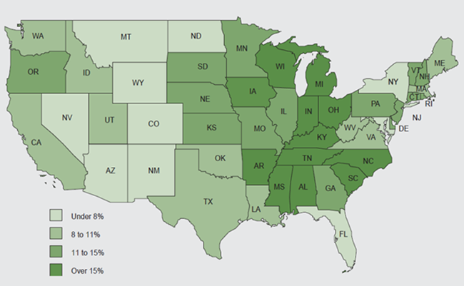 Figure 3 depicts each state’s manufacturing industry as a percentage of total employment.