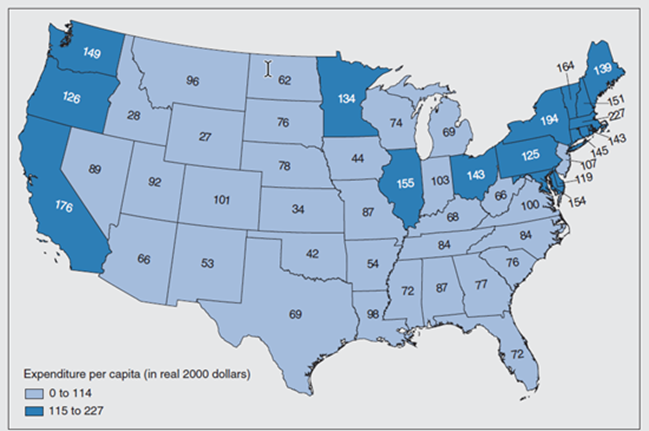 Figure 2 depicts total spending on community development in 2004 for each state in the US.