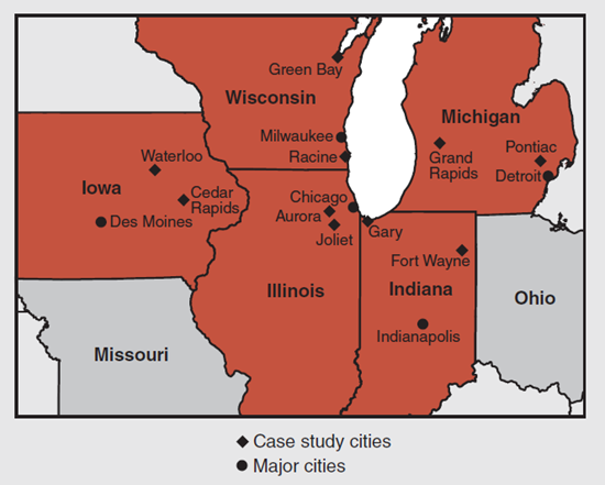 Figure 1 depicts the cities that are part of the case study in the Seventh District.