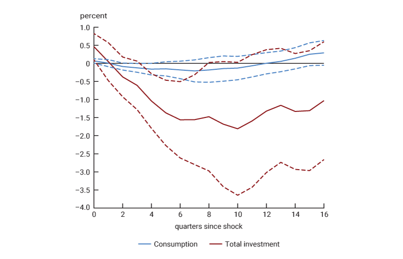 Figure 2 is a line chart that shows the estimated responses of consumption and total investment to a monetary policy tightening shock (corresponding to an increase of the real one-year Treasury rate by 100 basis points). It shows that total investment falls after a few quarters by about 1.5% in response to the shock, while consumption reacts much less, decreasing by about 0.2%.