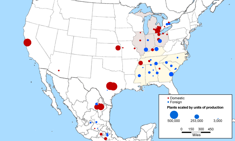 Figure 10 is a map of production locations of BEVs and PHEVs across North America in 2029, based on forecast data from S&P Global Mobility. The dots representing BEV and PHEV assembly plants are red if they are for an automaker with headquarters in the United States and blue if they are for an automaker with headquarters overseas. Moreover, the dots are scaled to reflect the plants’ output of both types of light vehicles.