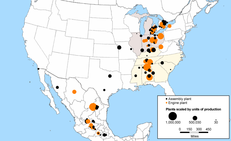 Figure 17 is a map of production locations of light vehicles with engines (ICE vehicles, HEVs, and PHEVs), as well as production locations of engines, across North America in 2023. The dots representing assembly plants producing ICE vehicles, HEVs, and PHEVs are black. The dots representing engine plants are orange. Moreover, the dots are scaled to reflect the plants’ output of either vehicles or engines.