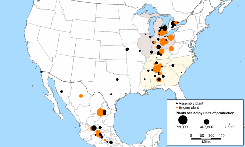 Figure 19 is a map of production locations of light vehicles with engines (ICE vehicles, HEVs, and PHEVs), as well as production locations of engines, across North America in 2029, based on forecast data from S&P Global Mobility. The dots representing assembly plants producing ICE vehicles, HEVs, and PHEVs are black. The dots representing engine plants are orange. Moreover, the dots are scaled to reflect the plants’ forecasted output of either vehicles or engines.