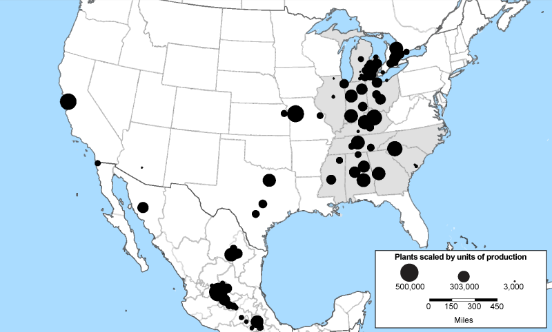 Figure 2 is a map of production locations of light vehicles across North America in 2023. The black dots representing light vehicle assembly plants are scaled to reflect their output.