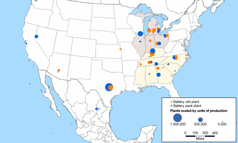 Figure 22 is a map of production locations of battery cells and packs across North America in 2029, based on forecast data from S&P Global Mobility. The dots representing plants producing battery cells are orange. The dots representing plants producing battery packs are blue. Moreover, the dots are scaled to reflect the plants’ forecasted output of either cells or packs after being normalized to the number of BEVs and PHEVs assembled in North America.