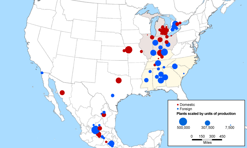 Figure 5 is a map of production locations of ICE vehicles and HEVs across North America in 2023. The dots representing ICE vehicle and HEV assembly plants are red if they are for an automaker with headquarters in the United States and blue if they are for an automaker with headquarters overseas. Moreover, the dots are scaled to reflect the plants’ output of both types of light vehicles.