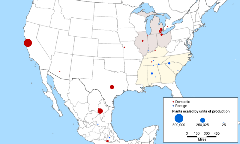 Figure 6 is a map of production locations of BEVs and PHEVs across North America in 2023. The dots representing BEV and PHEV assembly plants are red if they are for an automaker with headquarters in the United States and blue if they are for an automaker with headquarters overseas. Moreover, the dots are scaled to reflect the plants’ output of both types of light vehicles.