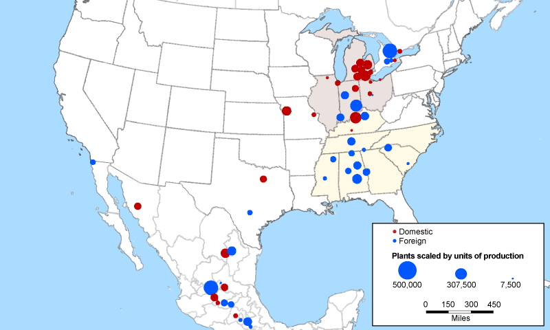 Figure 9 is a map of production locations of ICE vehicles and HEVs across North America in 2029, based on forecast data from S&P Global Mobility. The dots representing ICE vehicle and HEV assembly plants are red if they are for an automaker with headquarters in the United States and blue if they are for an automaker with headquarters overseas. Moreover, the dots are scaled to reflect the plants’ output of both types of light vehicles.